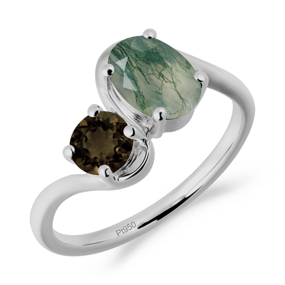 Wavy Bypass Ring with Moss Agate and Smoky Quartz - LUO Jewelry #metal_platinum
