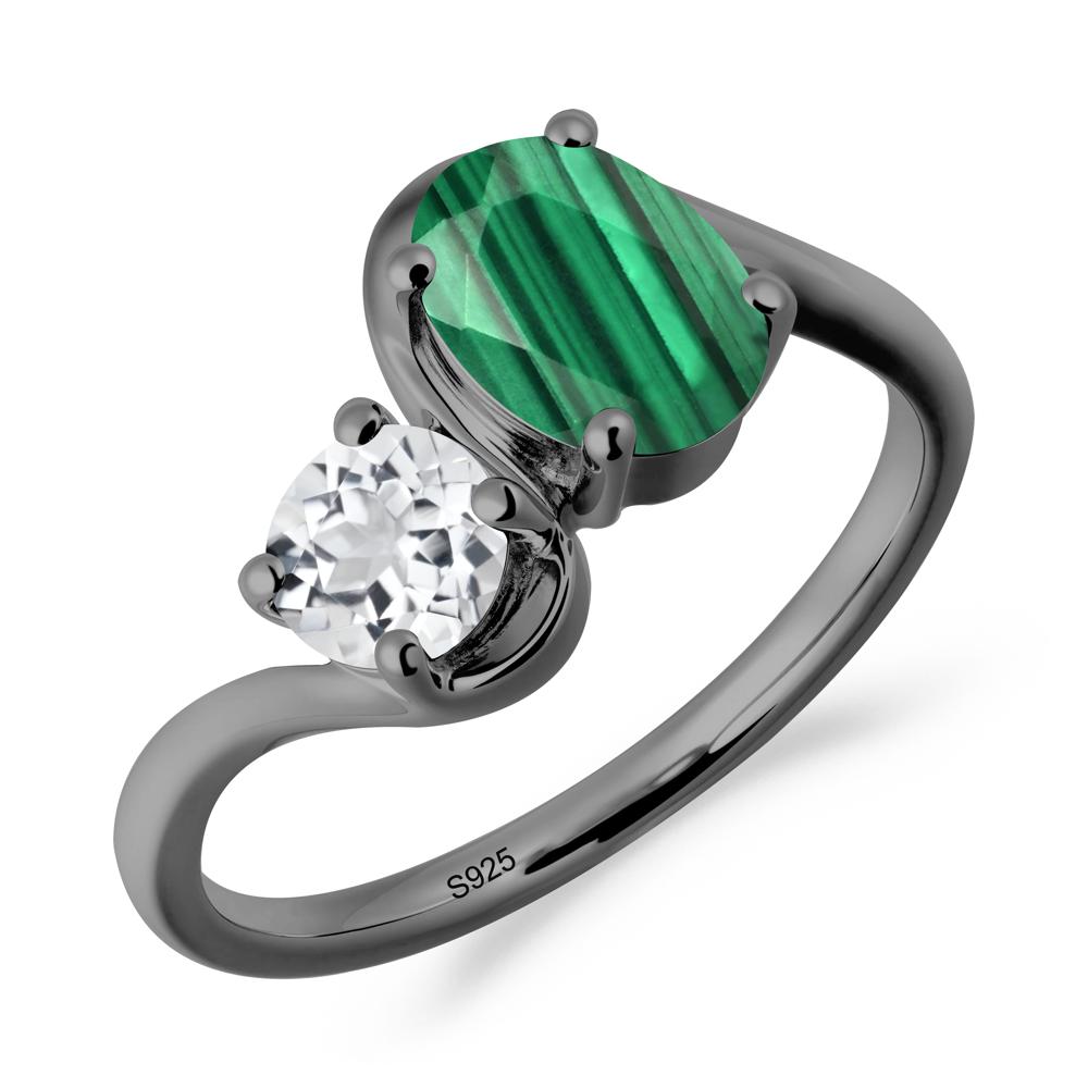 Wavy Bypass Ring with Malachite and White Topaz - LUO Jewelry #metal_black finish sterling silver
