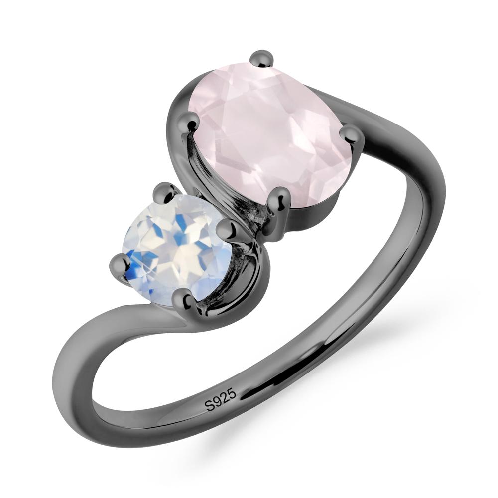 Wavy Bypass Rose Quartz and Moonstone Toi Et Moi Ring - LUO Jewelry #metal_black finish sterling silver