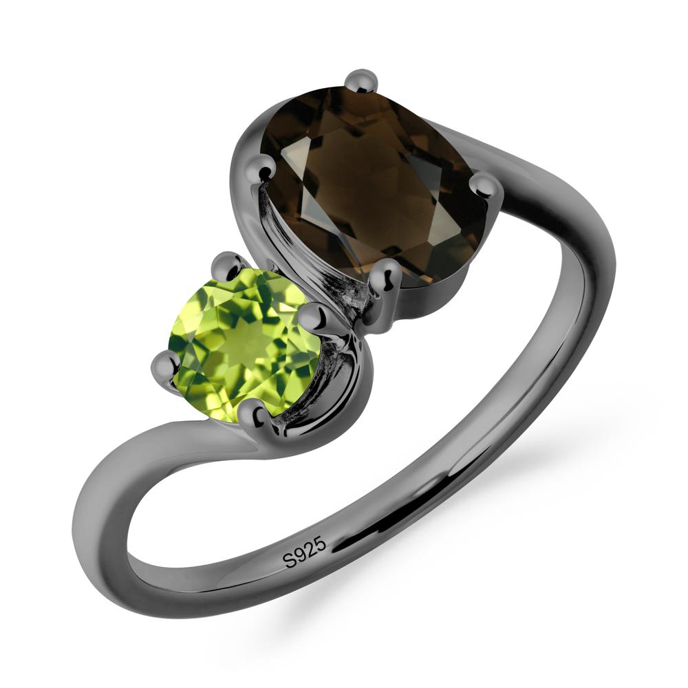 Wavy Bypass Ring with Smoky Quartz and Peridot - LUO Jewelry #metal_black finish sterling silver
