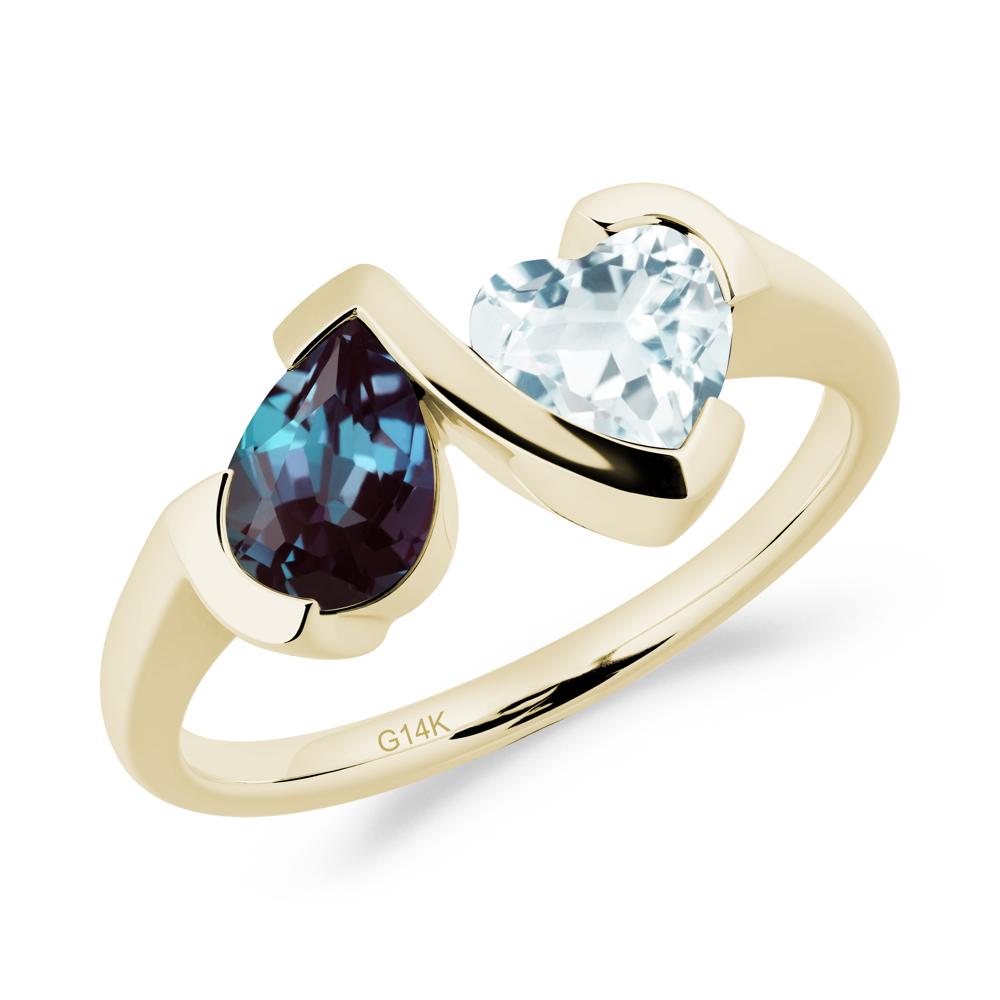 Heart and Pear Alexandrite and Aquamarine Two Stone Ring - LUO Jewelry #metal_14k yellow gold