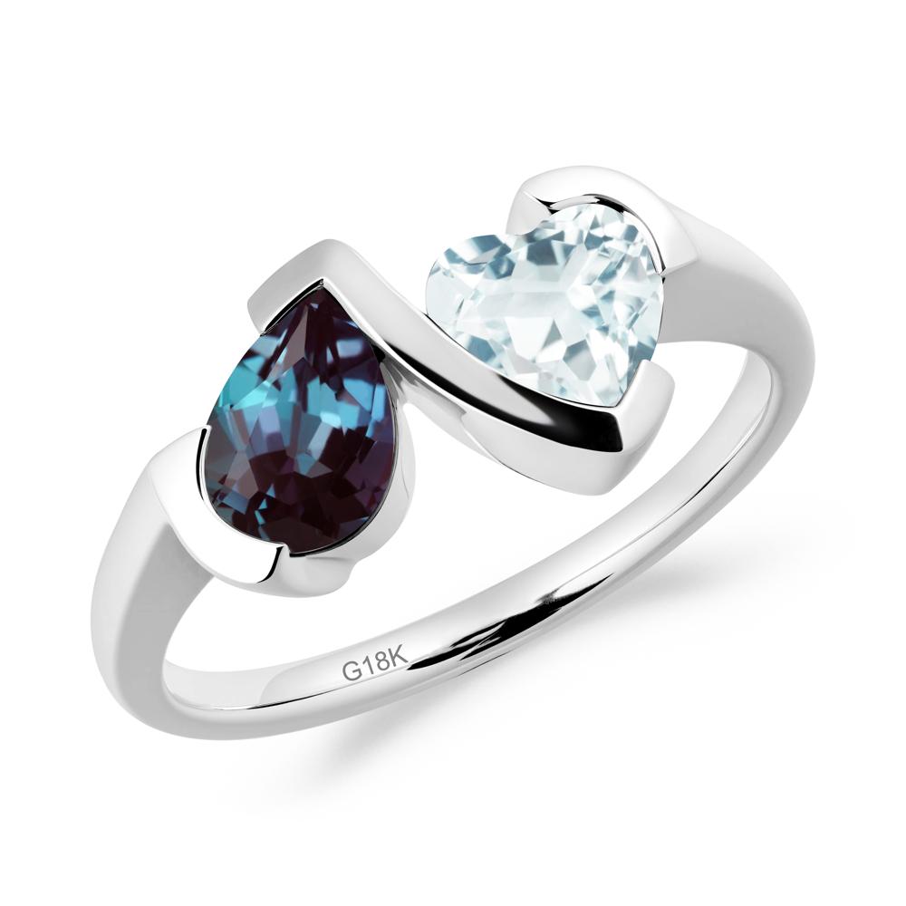 Heart and Pear Alexandrite and Aquamarine Two Stone Ring - LUO Jewelry #metal_18k white gold