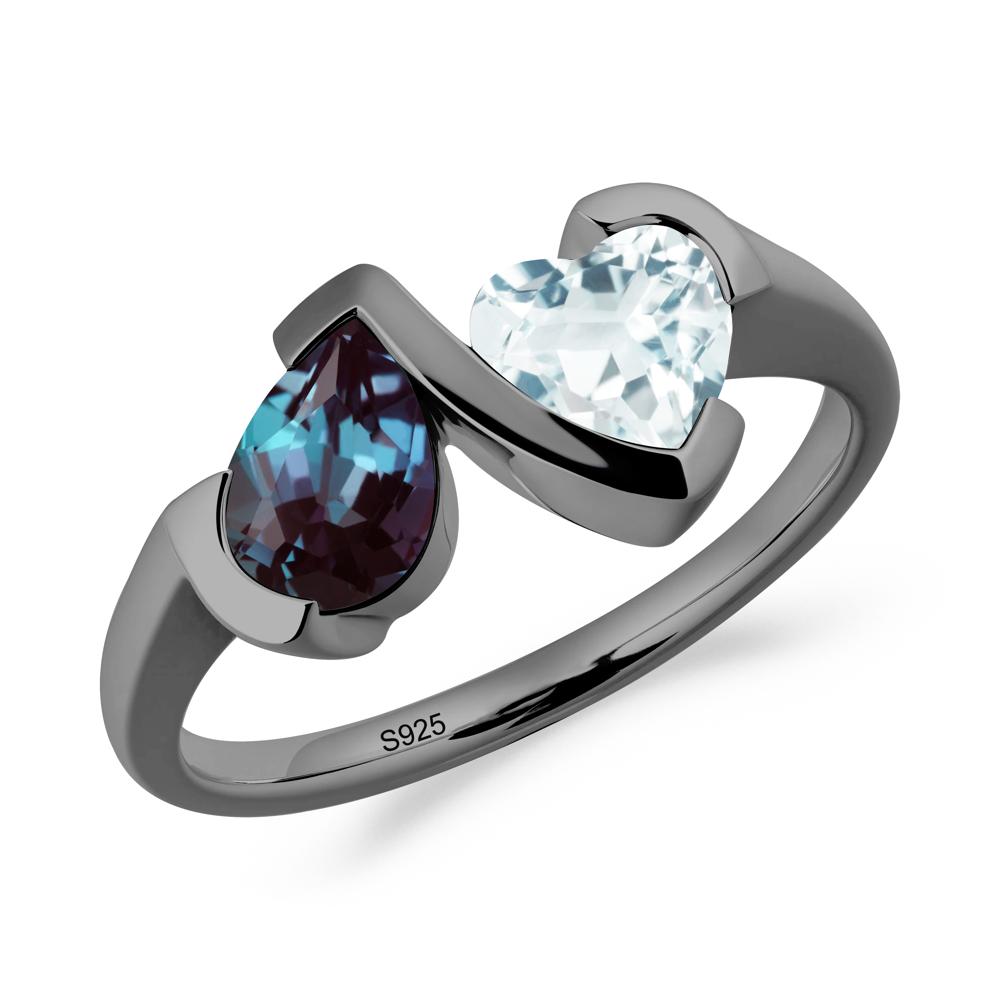 Heart and Pear Alexandrite and Aquamarine Two Stone Ring - LUO Jewelry #metal_black finish sterling silver