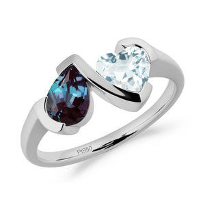 Heart and Pear Alexandrite and Aquamarine Two Stone Ring - LUO Jewelry #metal_platinum