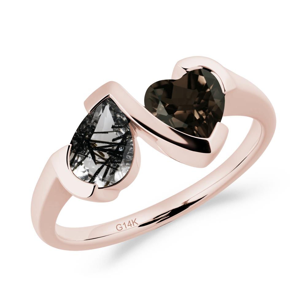 Bezel Set Black Rutilated Quartz and Smoky Quartz Toi Et Moi Ring - LUO Jewelry #metal_14k rose gold
