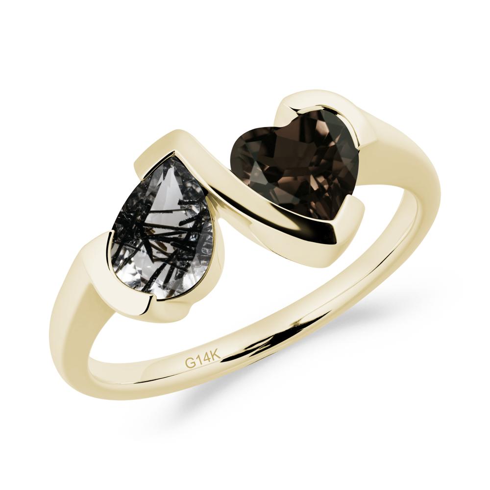 Bezel Set Black Rutilated Quartz and Smoky Quartz Toi Et Moi Ring - LUO Jewelry #metal_14k yellow gold