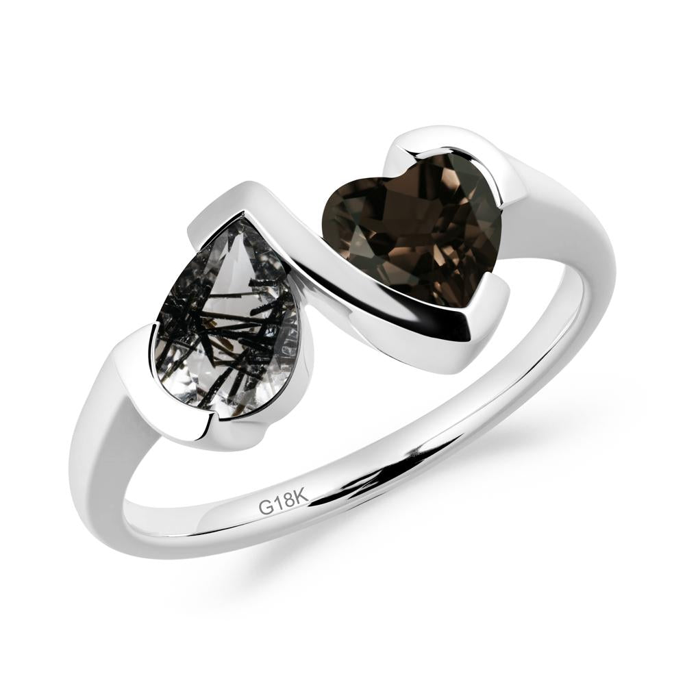 Bezel Set Black Rutilated Quartz and Smoky Quartz Toi Et Moi Ring - LUO Jewelry #metal_18k white gold