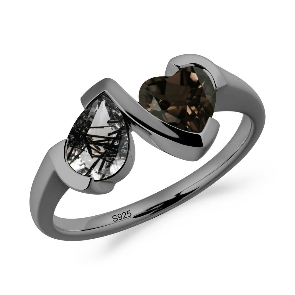 Bezel Set Black Rutilated Quartz and Smoky Quartz Toi Et Moi Ring - LUO Jewelry #metal_black finish sterling silver