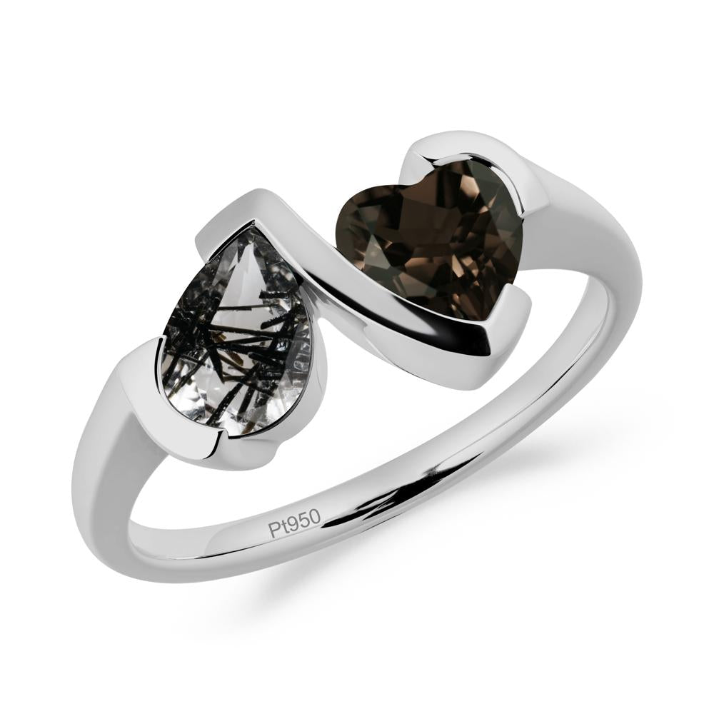 Bezel Set Black Rutilated Quartz and Smoky Quartz Toi Et Moi Ring - LUO Jewelry #metal_platinum