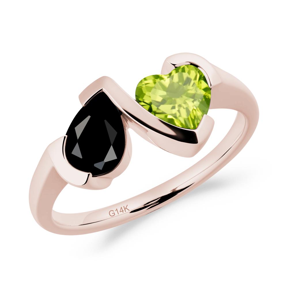 Heart and Pear Black Spinel and Peridot Two Stone Ring - LUO Jewelry #metal_14k rose gold