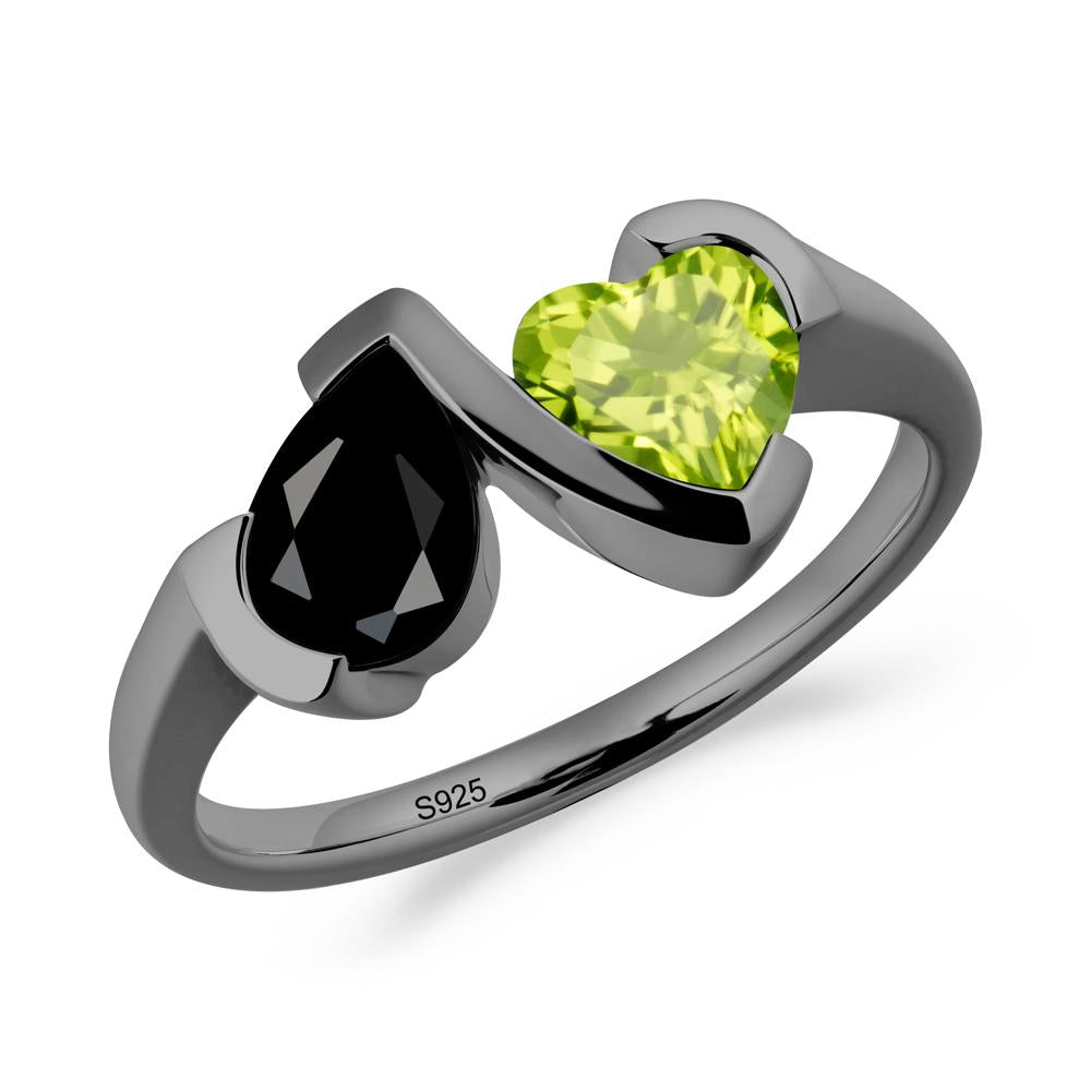 Heart and Pear Black Spinel and Peridot Two Stone Ring - LUO Jewelry #metal_black finish sterling silver