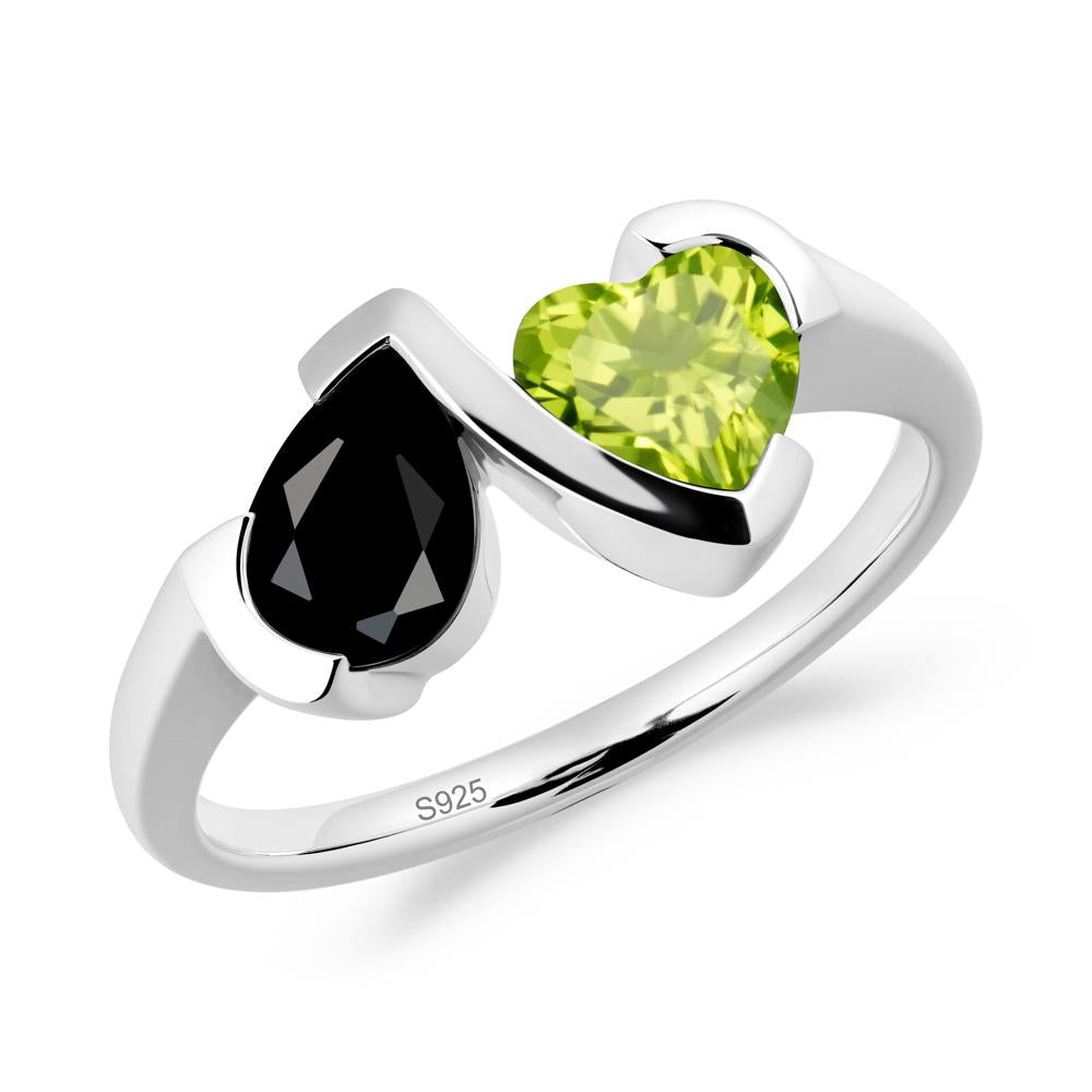 Heart and Pear Black Spinel and Peridot Two Stone Ring - LUO Jewelry #metal_sterling silver