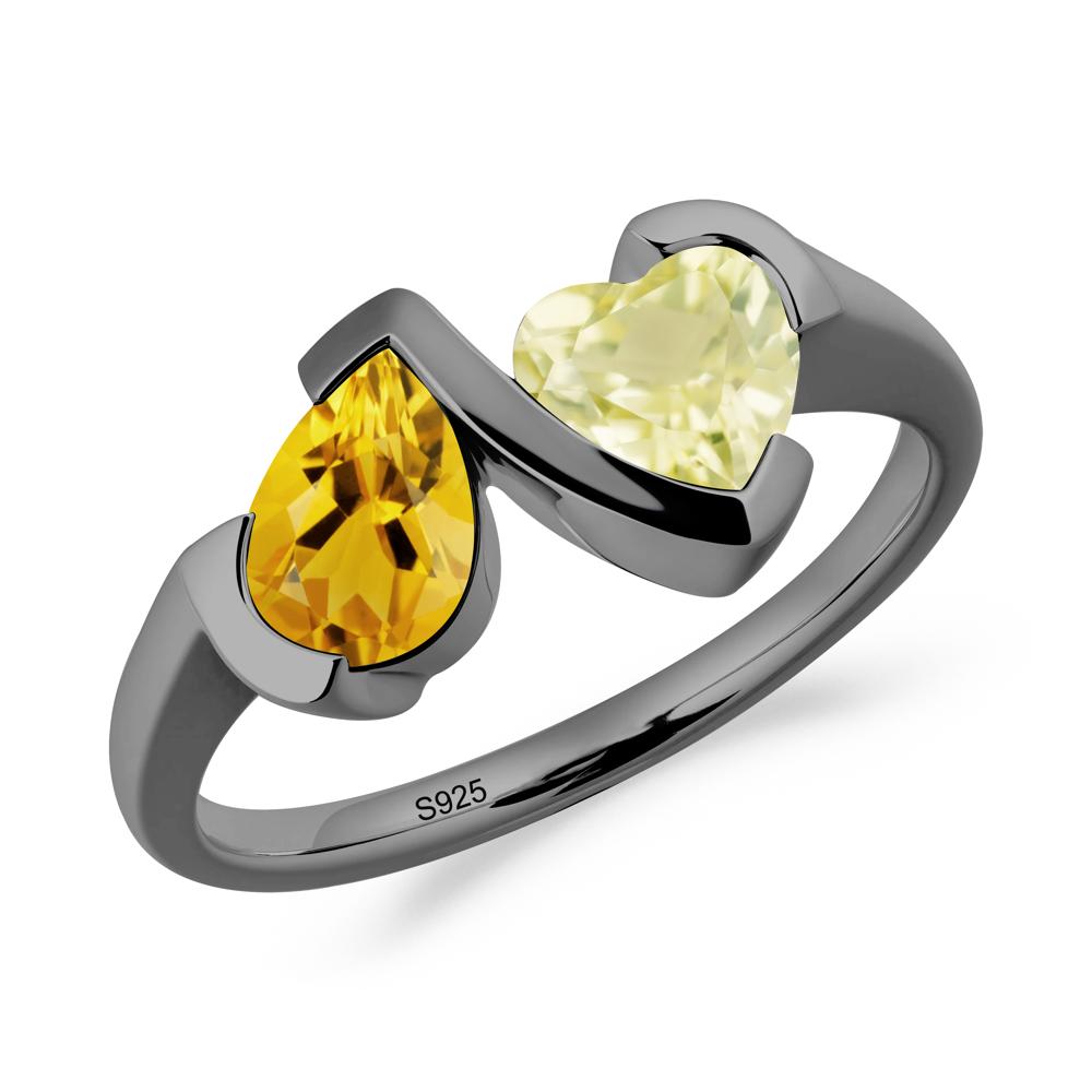 Heart and Pear Citrine and Lemon Quartz Two Stone Ring - LUO Jewelry #metal_black finish sterling silver