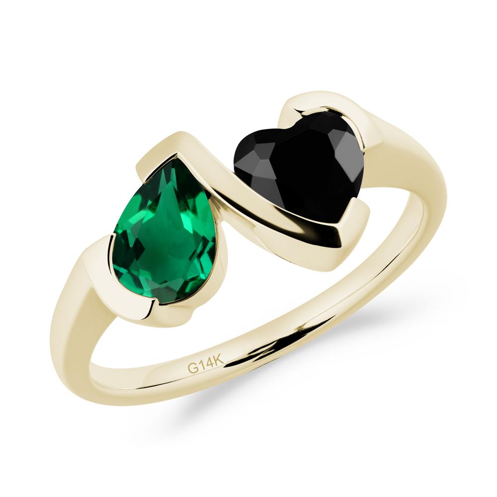 Heart and Pear Emerald and Black Spinel Two Stone Ring - LUO Jewelry #metal_14k yellow gold