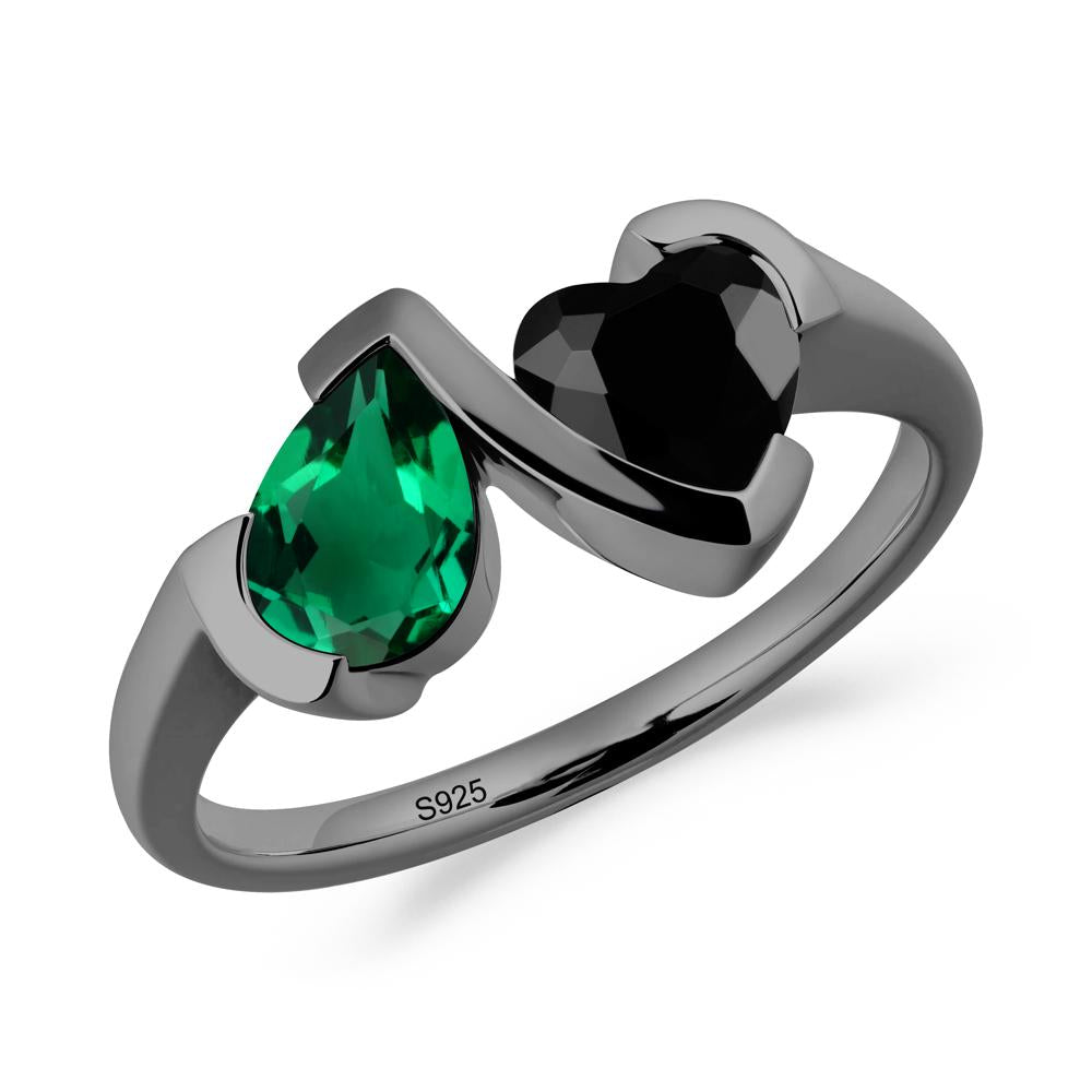 Heart and Pear Emerald and Black Spinel Two Stone Ring - LUO Jewelry #metal_black finish sterling silver