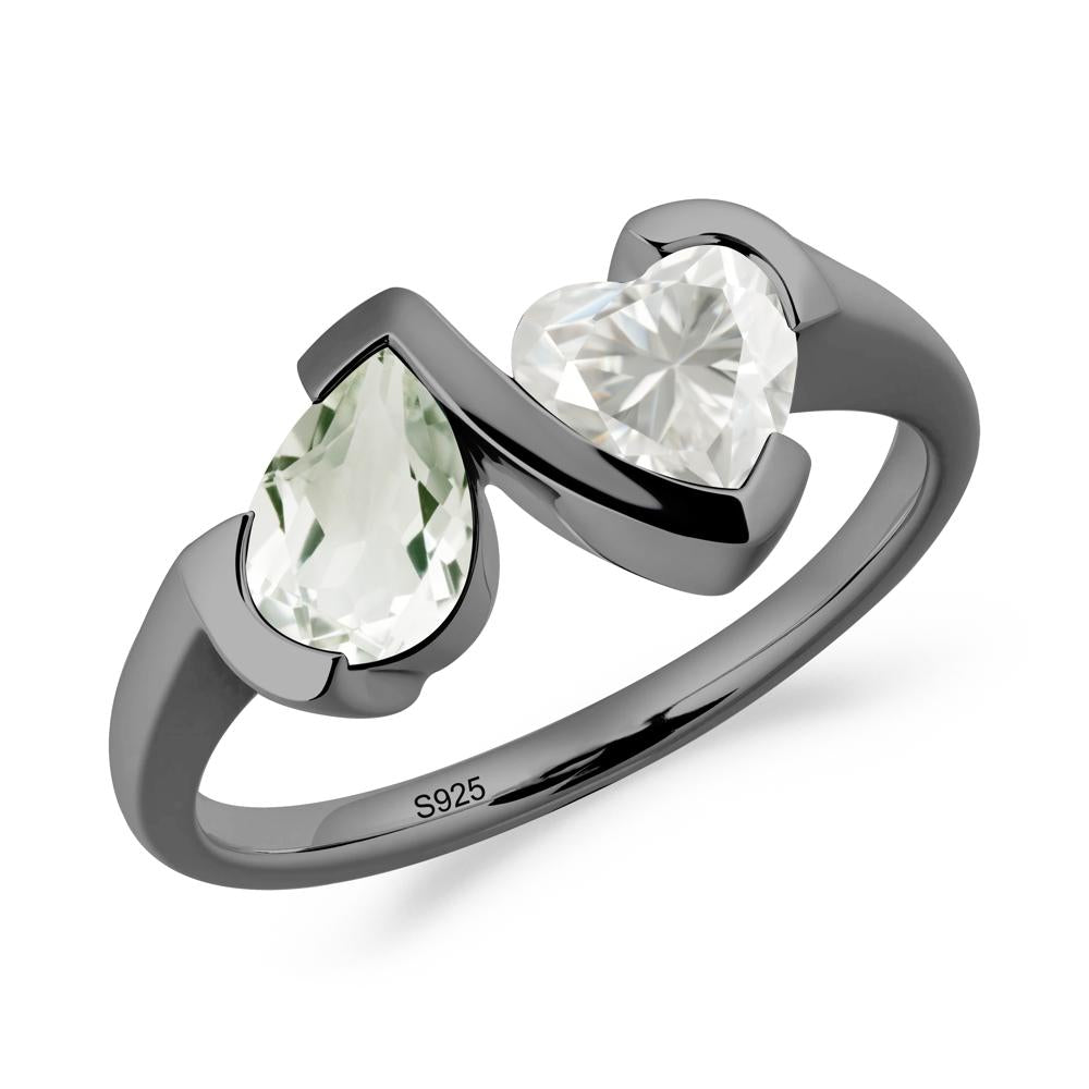 Heart and Pear Green Amethyst and Moissanite Two Stone Ring - LUO Jewelry #metal_black finish sterling silver