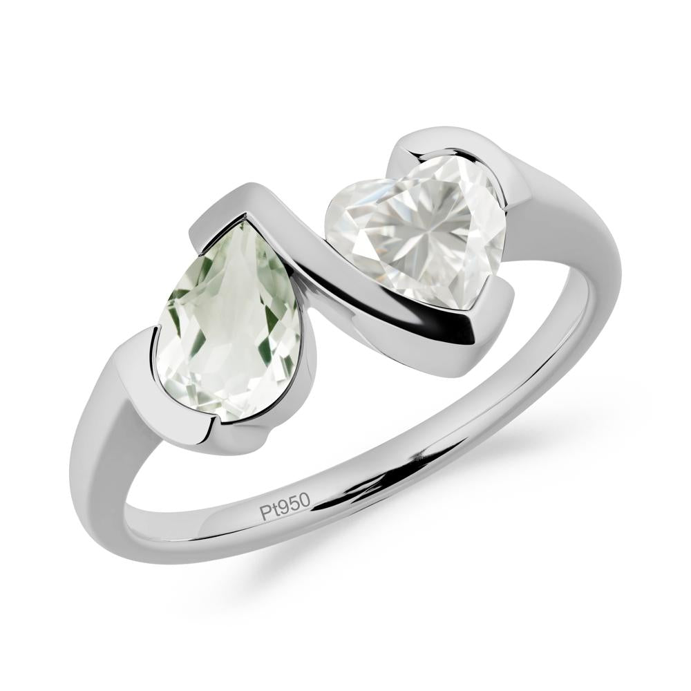 Heart and Pear Green Amethyst and Moissanite Two Stone Ring - LUO Jewelry #metal_platinum