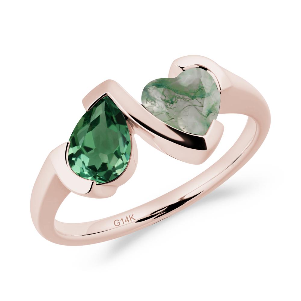 Heart and Pear Green Sapphire and Moss Agate Two Stone Ring - LUO Jewelry #metal_14k rose gold