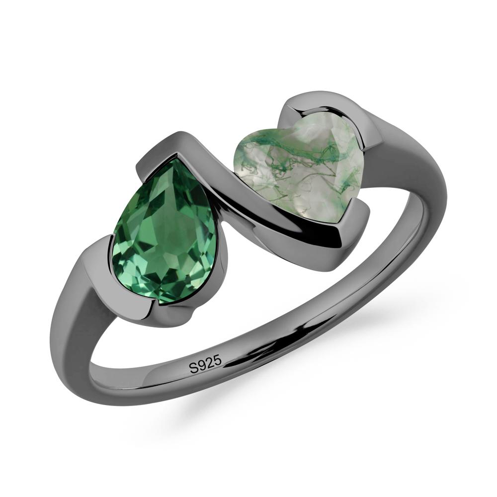 Heart and Pear Green Sapphire and Moss Agate Two Stone Ring - LUO Jewelry #metal_black finish sterling silver