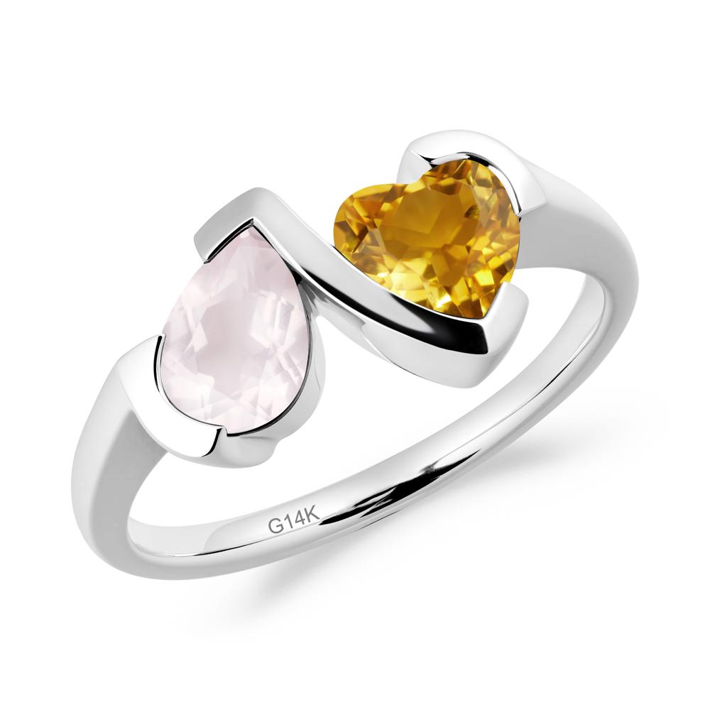 Bezel Set Rose Quartz and Citrine Toi Et Moi Ring - LUO Jewelry #metal_14k white gold