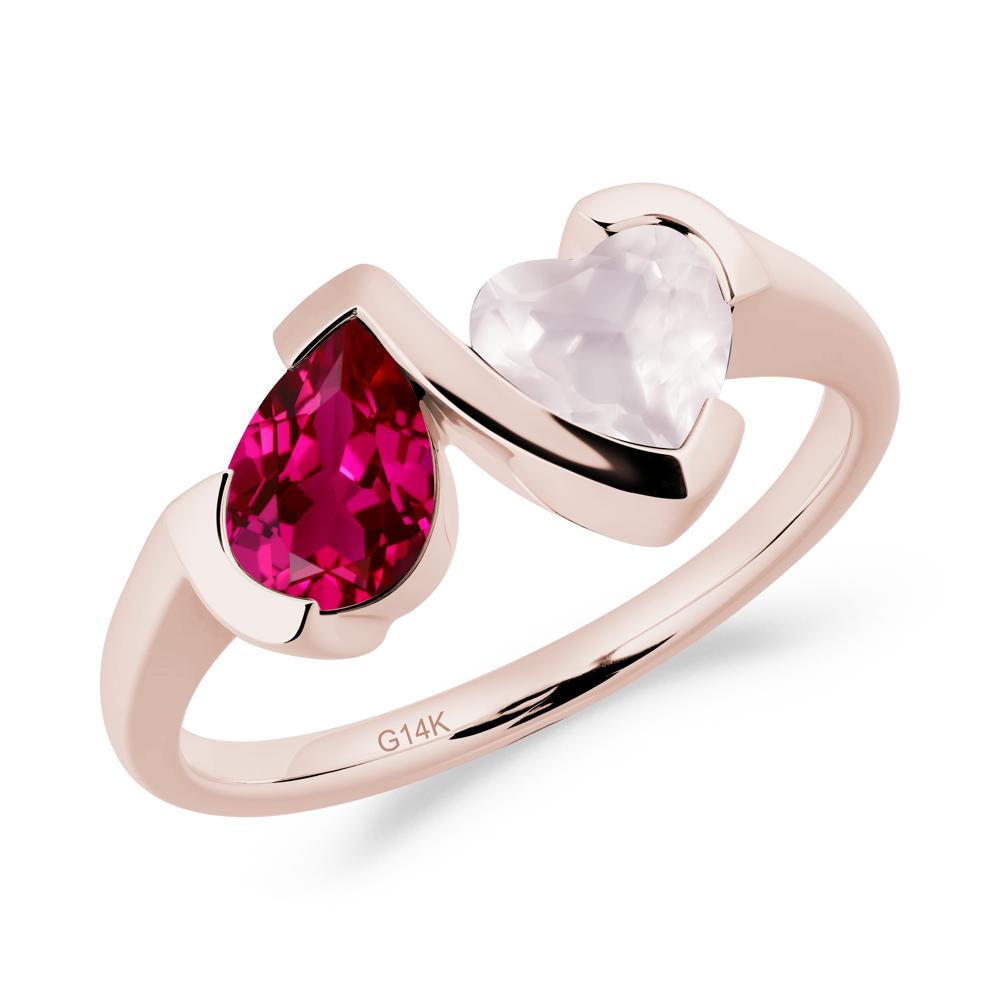 Bezel Set Ruby and Rose Quartz Toi Et Moi Ring - LUO Jewelry #metal_14k rose gold