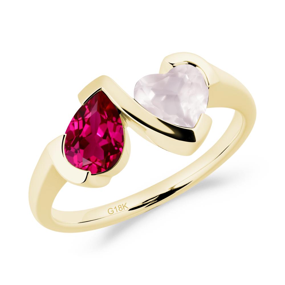 Bezel Set Ruby and Rose Quartz Toi Et Moi Ring - LUO Jewelry #metal_18k yellow gold