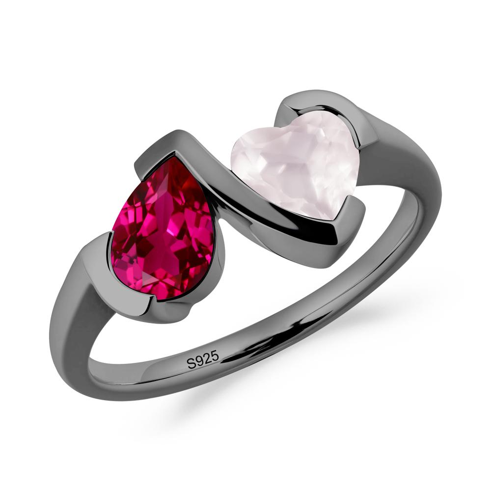 Bezel Set Ruby and Rose Quartz Toi Et Moi Ring - LUO Jewelry #metal_black finish sterling silver
