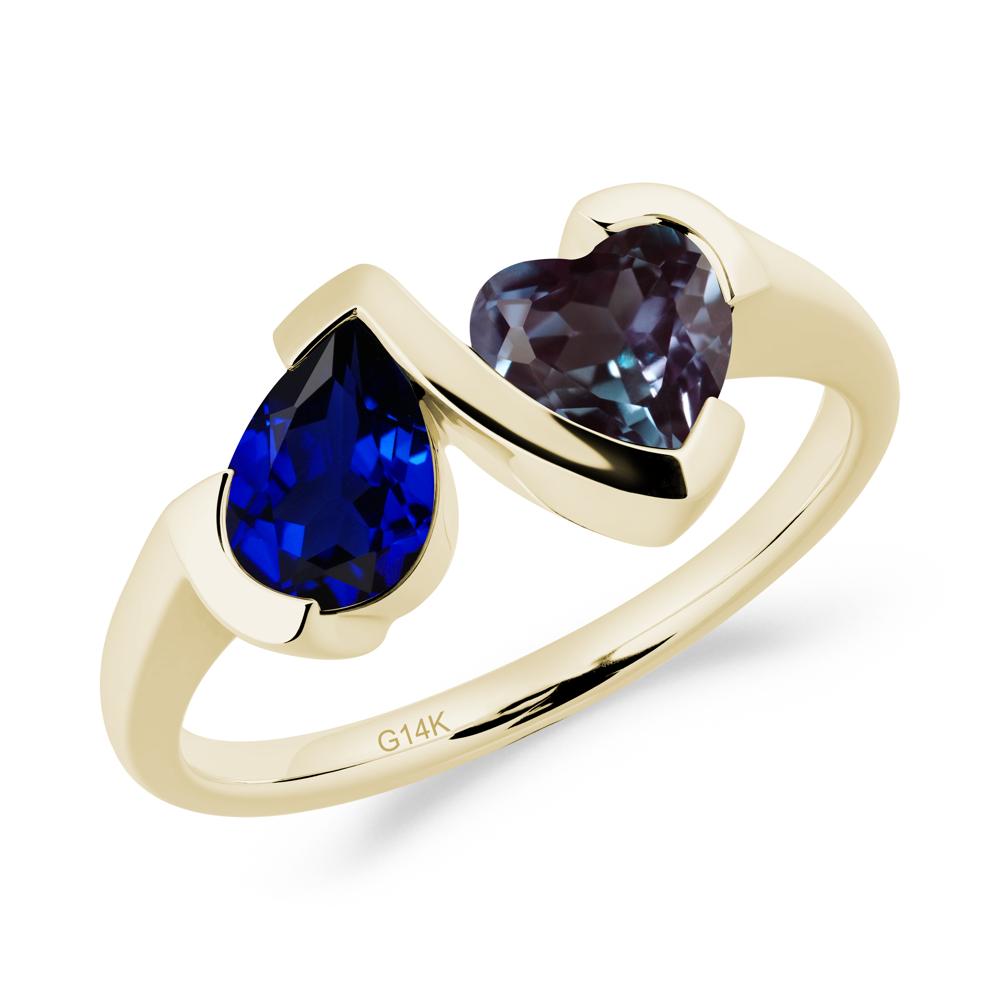 Heart and Pear Sapphire and Alexandrite Two Stone Ring - LUO Jewelry #metal_14k yellow gold