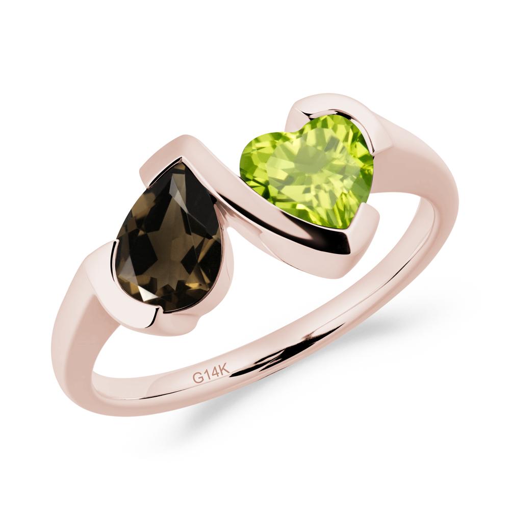 Bezel Set Smoky Quartz and Peridot Toi Et Moi Ring - LUO Jewelry #metal_14k rose gold