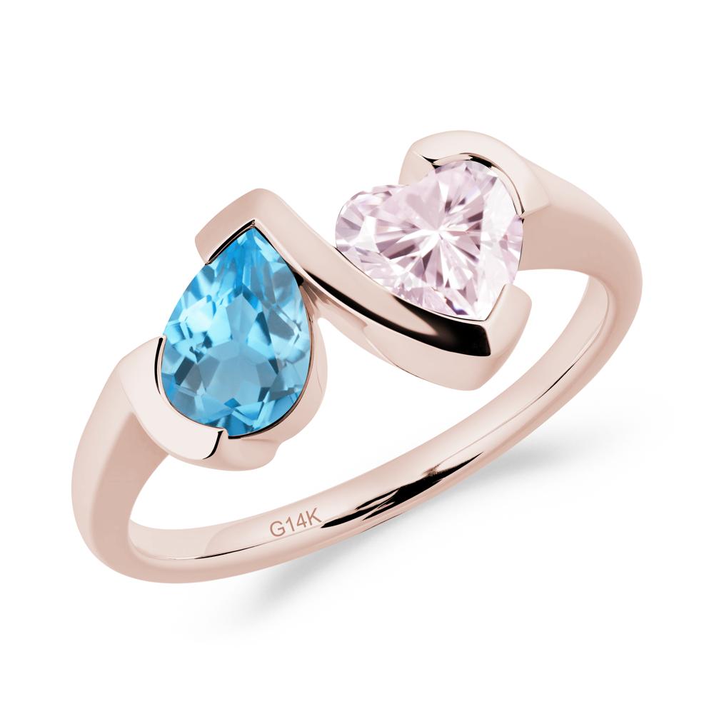 Heart and Pear Swiss Blue Topaz and Pink Cubic Zirconia Two Stone Ring - LUO Jewelry #metal_14k rose gold