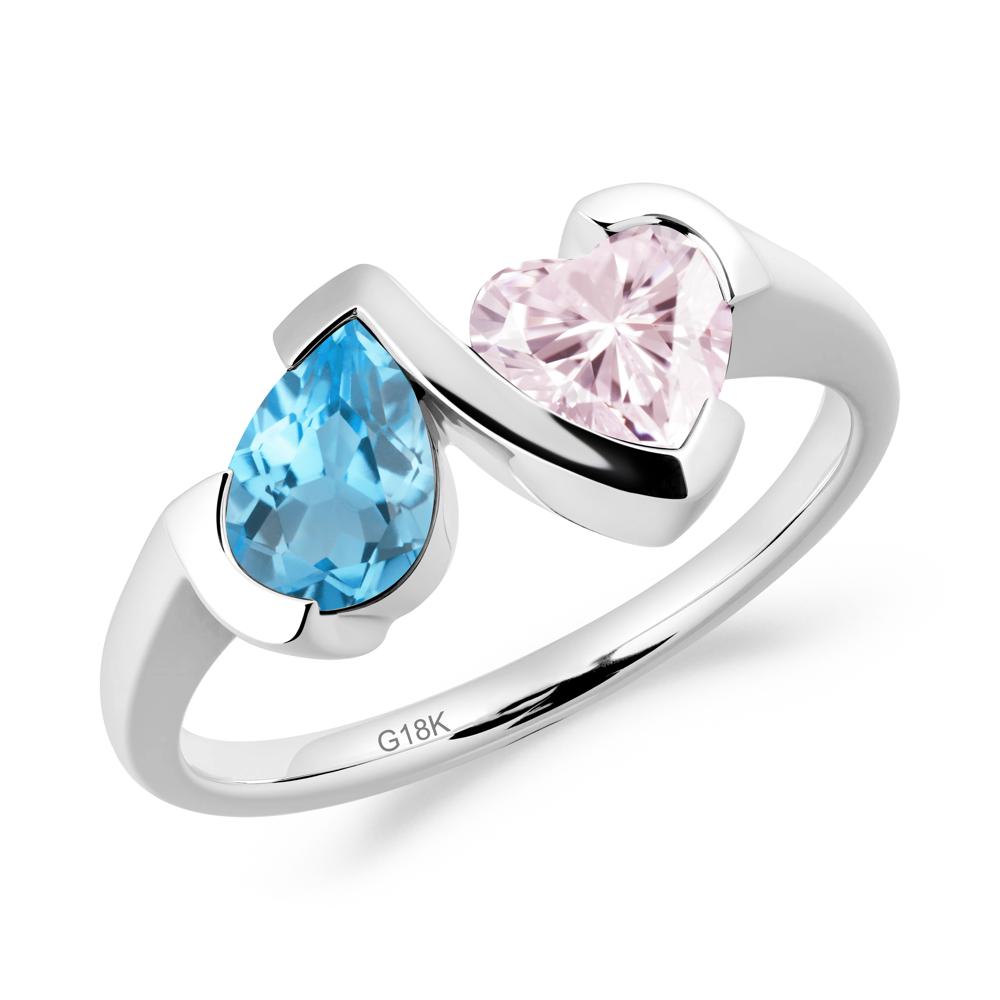 Heart and Pear Swiss Blue Topaz and Pink Cubic Zirconia Two Stone Ring - LUO Jewelry #metal_18k white gold