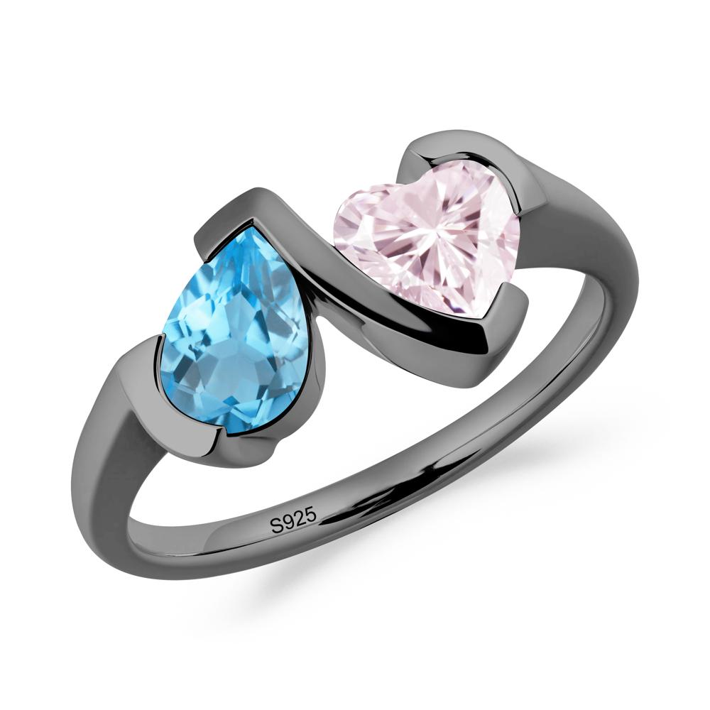 Heart and Pear Swiss Blue Topaz and Pink Cubic Zirconia Two Stone Ring - LUO Jewelry #metal_black finish sterling silver