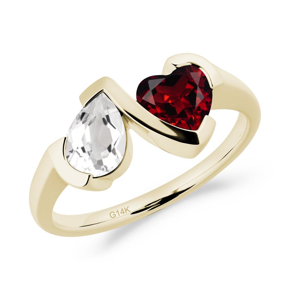 Heart and Pear White Topaz and Garnet Two Stone Ring - LUO Jewelry #metal_14k yellow gold