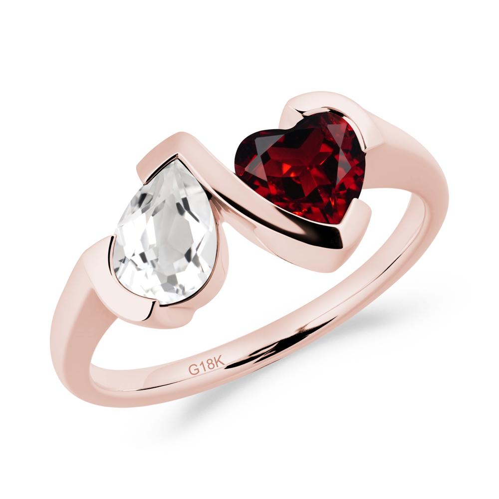 Heart and Pear White Topaz and Garnet Two Stone Ring - LUO Jewelry #metal_18k rose gold