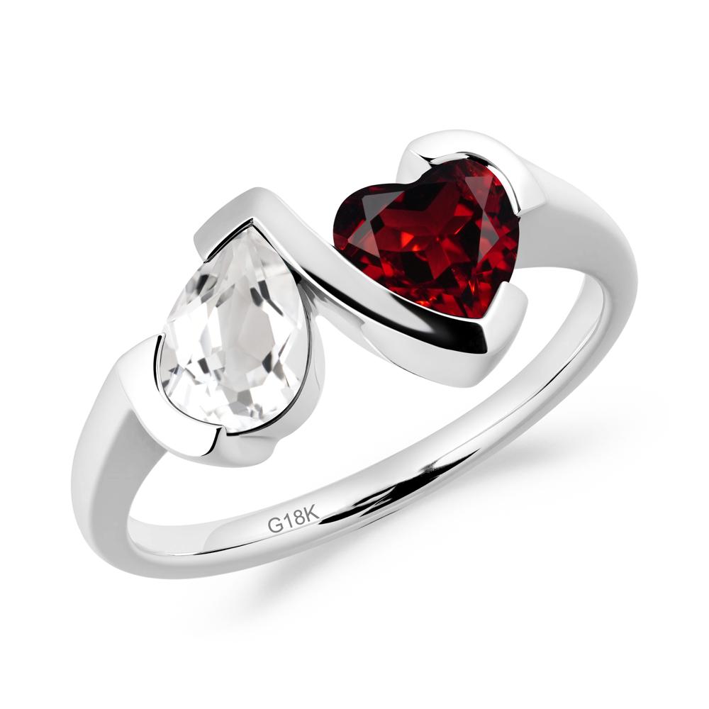 Heart and Pear White Topaz and Garnet Two Stone Ring - LUO Jewelry #metal_18k white gold