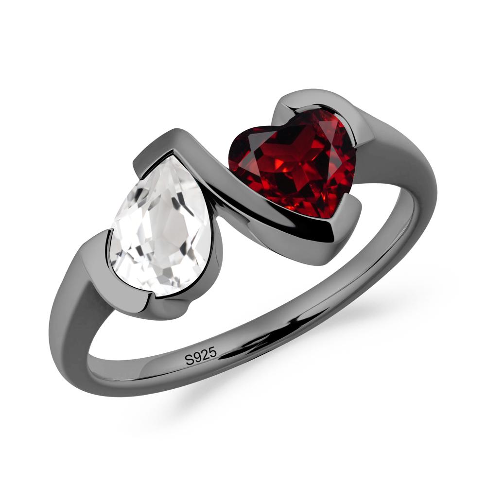 Heart and Pear White Topaz and Garnet Two Stone Ring - LUO Jewelry #metal_black finish sterling silver