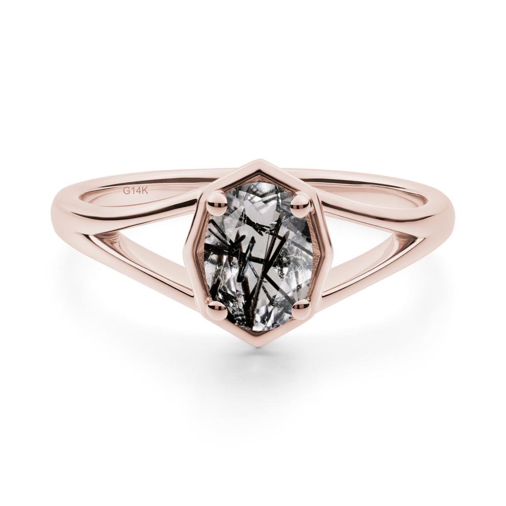 Solitaire Black Rutilated Quartz Ring with Octagon Frame - LUO Jewelry #metal_14k rose gold