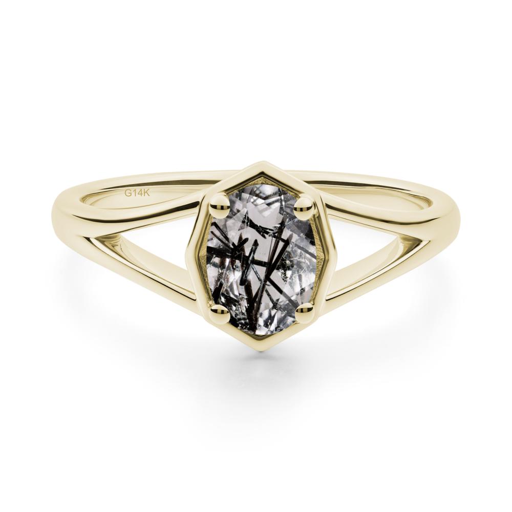 Solitaire Black Rutilated Quartz Ring with Octagon Frame - LUO Jewelry #metal_14k yellow gold