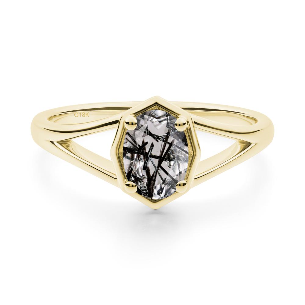 Solitaire Black Rutilated Quartz Ring with Octagon Frame - LUO Jewelry #metal_18k yellow gold