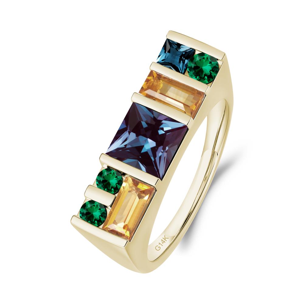 Unisex Multi-Stone Bar Set Alexandrite Ring - LUO Jewelry #metal_14k yellow gold