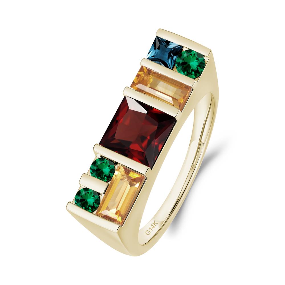 Unisex Multi-Stone Bar Set Garnet Ring - LUO Jewelry #metal_14k yellow gold