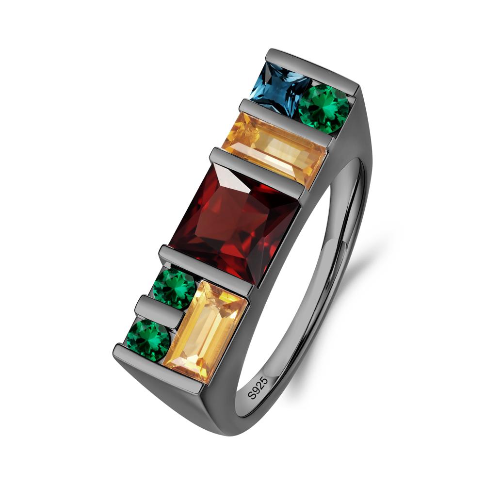 Unisex Multi-Stone Bar Set Garnet Ring - LUO Jewelry #metal_black finish sterling silver