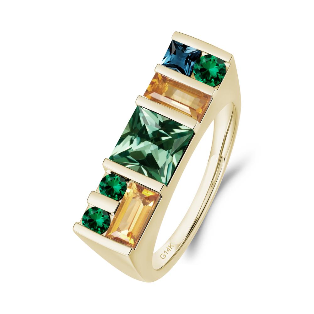 Unisex Multi-Stone Bar Set Green Sapphire Ring - LUO Jewelry #metal_14k yellow gold