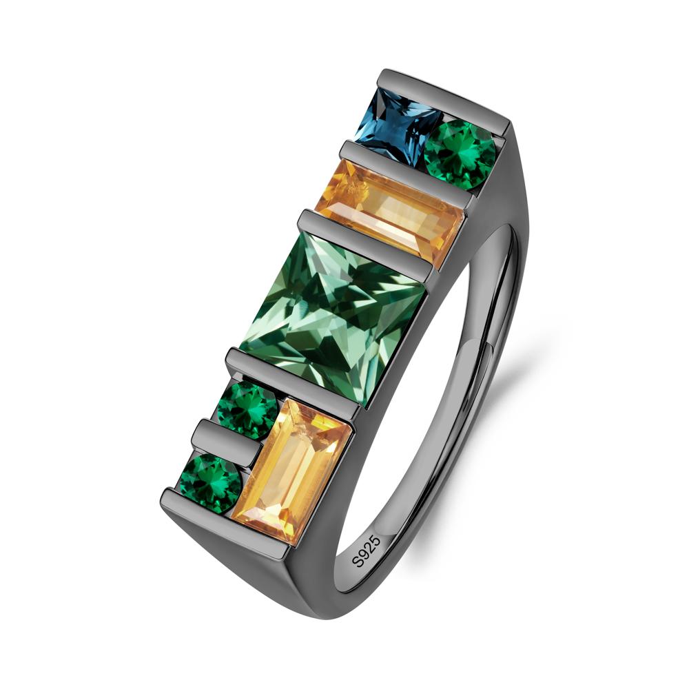 Unisex Multi-Stone Bar Set Green Sapphire Ring - LUO Jewelry #metal_black finish sterling silver