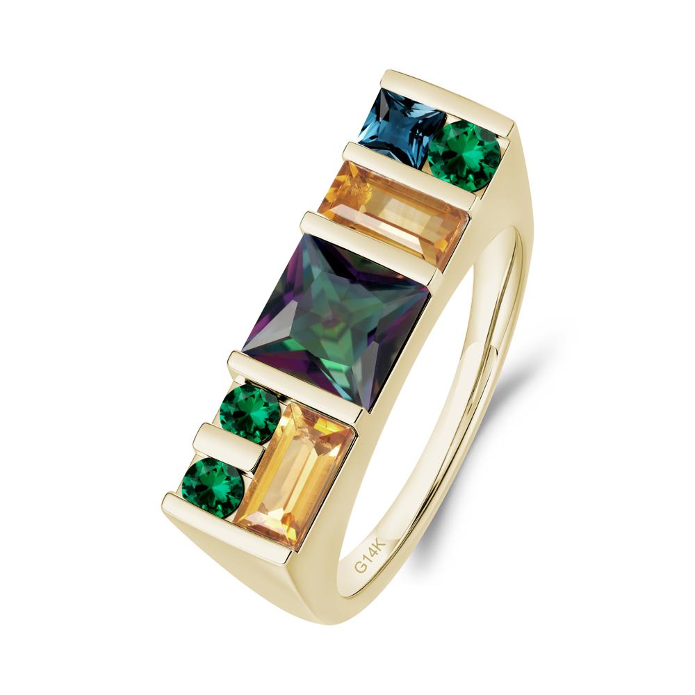 Unisex Multi-Stone Bar Set Mystic Topaz Ring - LUO Jewelry #metal_14k yellow gold