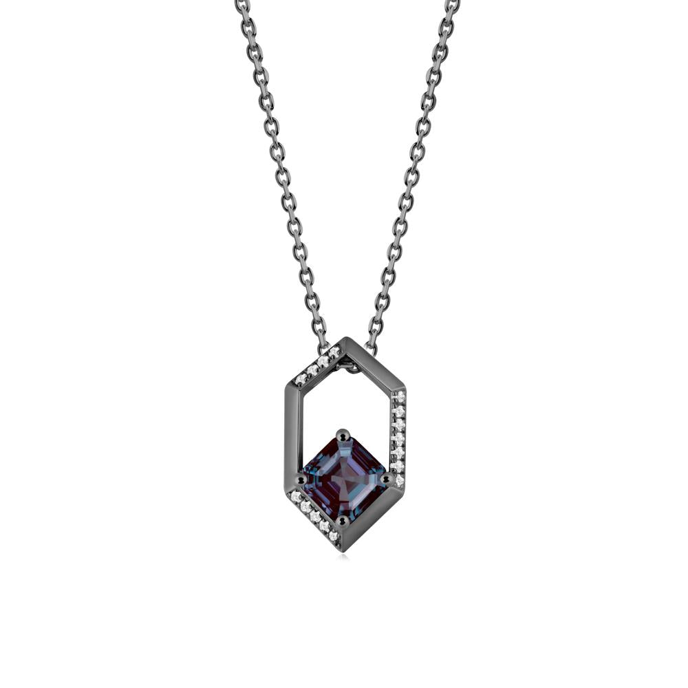 Hexagonal Frame Asscher Alexandrite Necklace - LUO Jewelry #metal_black finish sterling silver