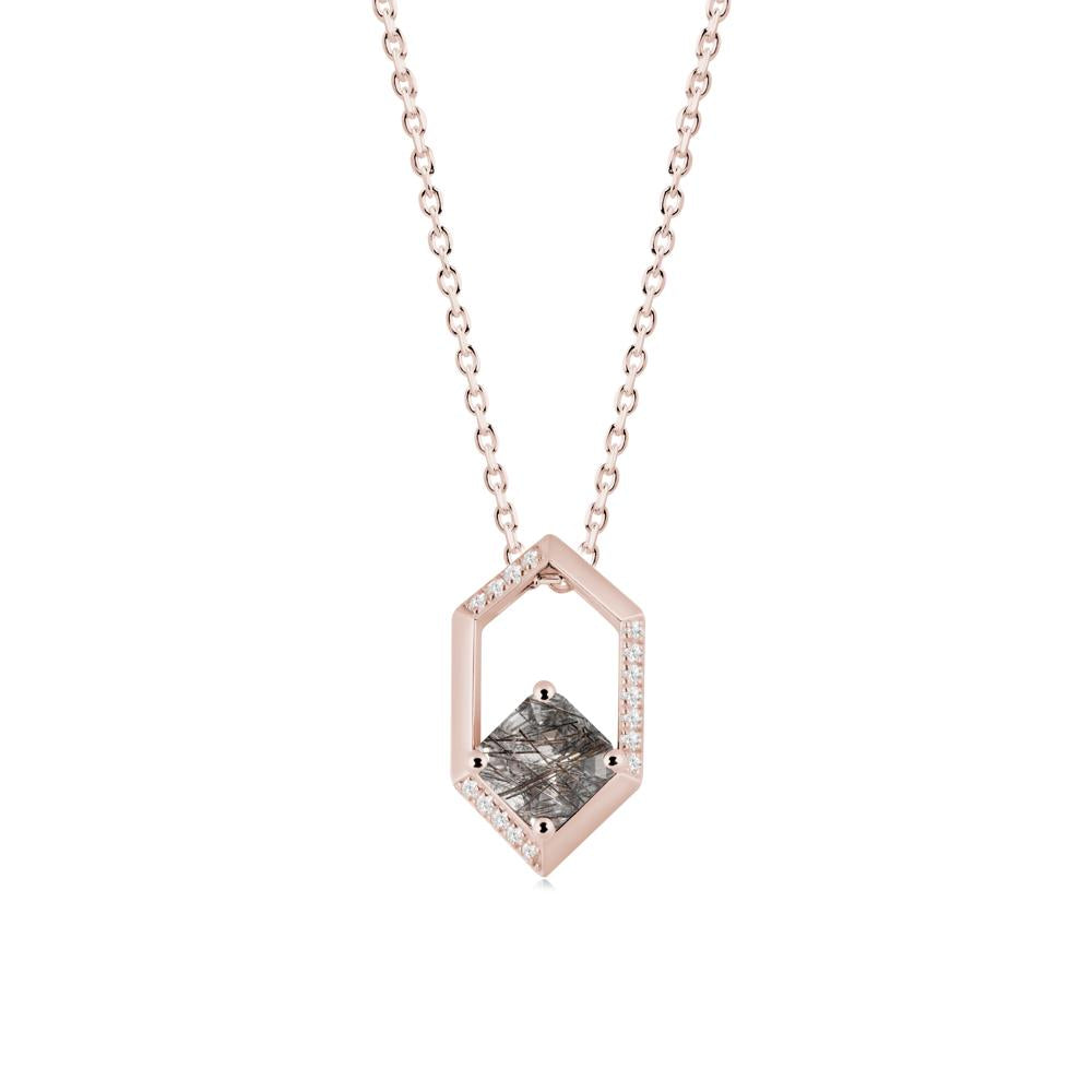 Hexagonal Frame Asscher Black Rutilated Quartz Necklace - LUO Jewelry #metal_14k rose gold