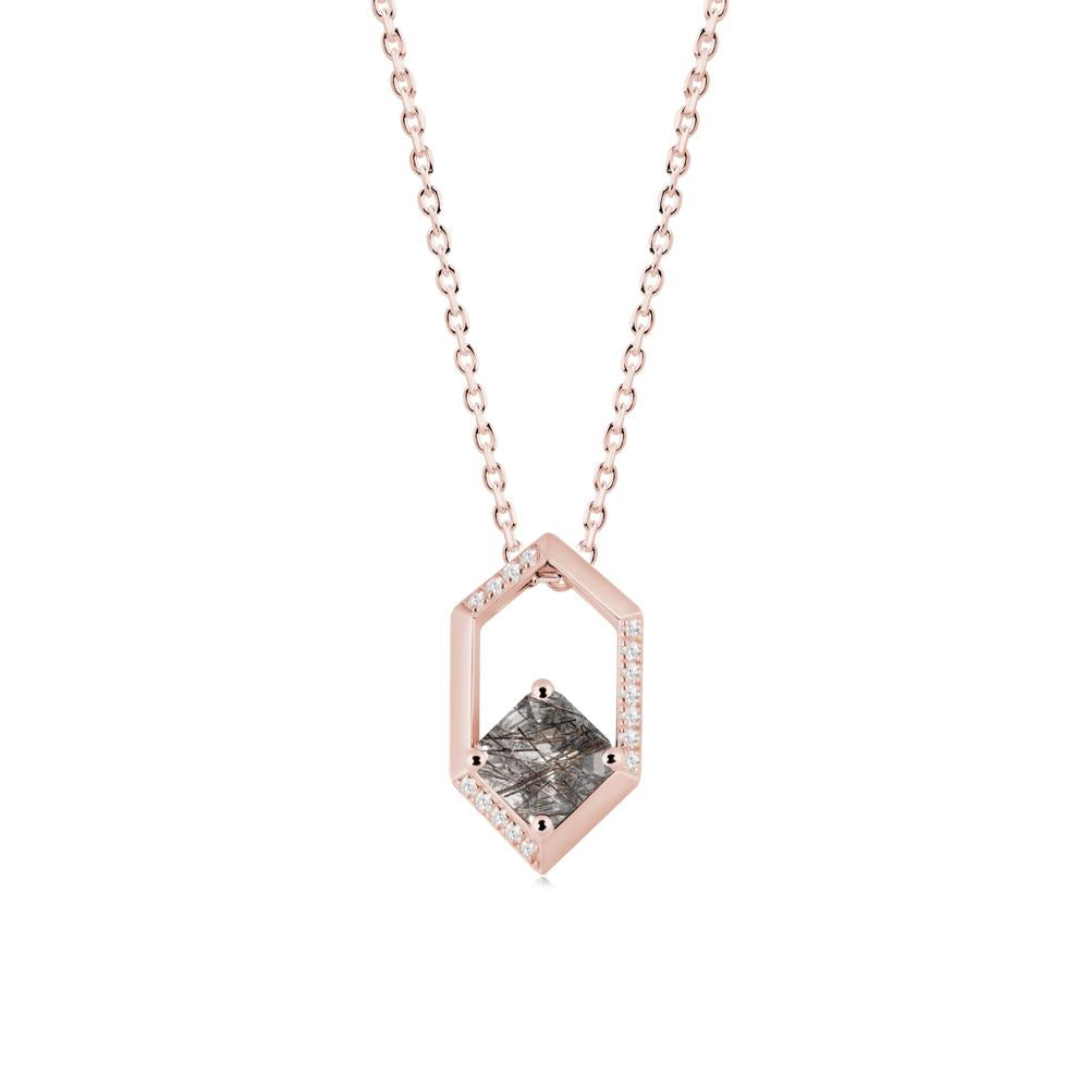 Hexagonal Frame Asscher Black Rutilated Quartz Necklace - LUO Jewelry #metal_18k rose gold