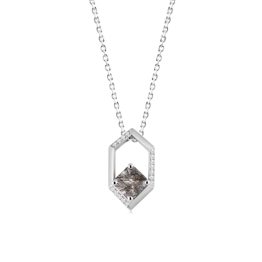 Hexagonal Frame Asscher Black Rutilated Quartz Necklace - LUO Jewelry #metal_18k white gold