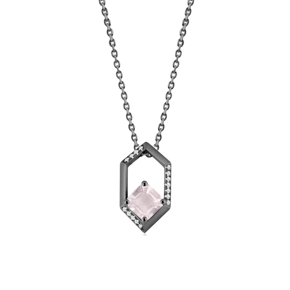 Hexagonal Frame Asscher Rose Quartz Necklace - LUO Jewelry #metal_black finish sterling silver